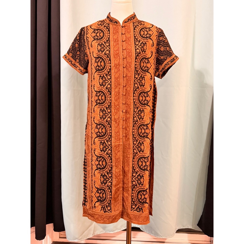 Ritu Kumar Paisley Tunic Dress Orange Black Large Mandarin Collar Boho Chic